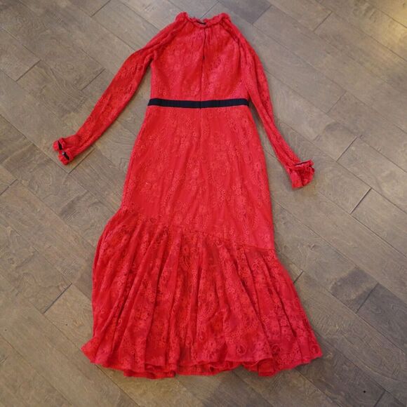 Romantic Three Floor Split Tease Cutout Long Sleeve Floral Lace Maxi Dress Red 8 - Picture 16 of 16